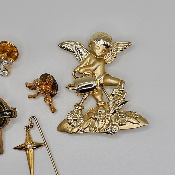 Vintage Brooch Pin Costume Jewelry Bundle Angel Cross Goldtone Faith Religious - Picture 4 of 11